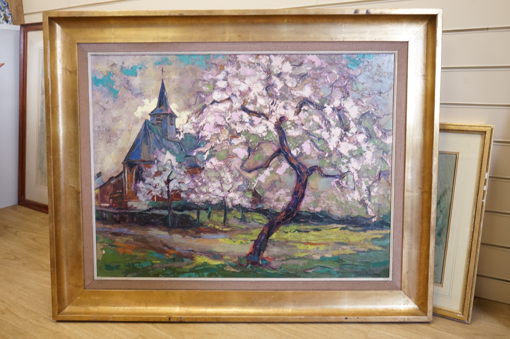 Contemporary, Blossom tree before church, indistinctly signed, impasto oil on board, 62 x 82cm